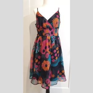 EUC spaghetti strap, tie-back, A-line dress. Size L. Orange, pink, black & teal.